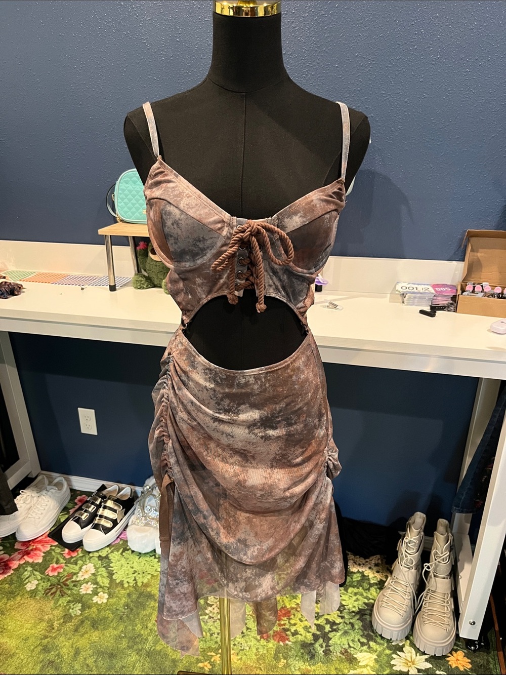 NWOT Darker Wavs Mesh Tie-Front Cutout Dress